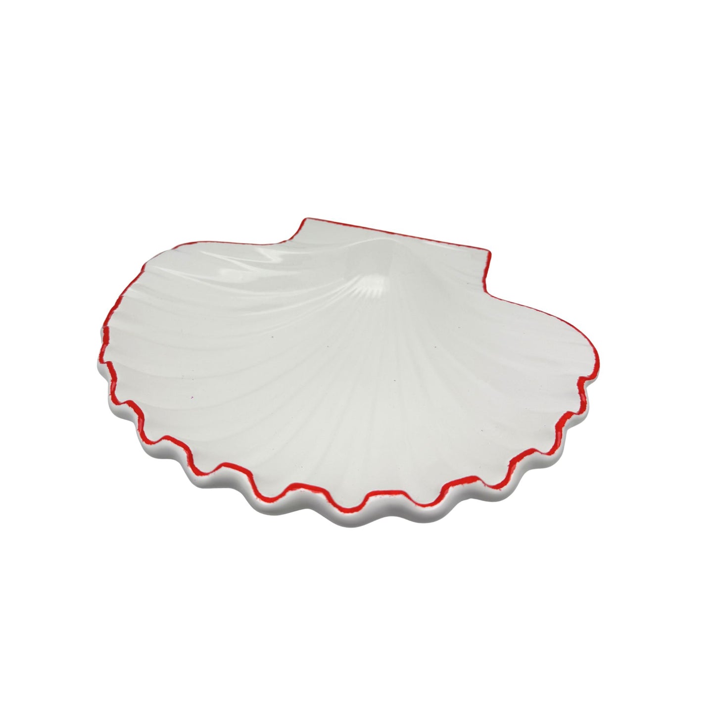Decoratief keramiek Schelpenschaal wit met koraalrode rand, B25,5xD21xH6cm