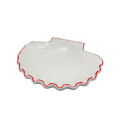 Decoratief keramiek Schelpenschaal wit met koraalrode rand, B25,5xD21xH6cm