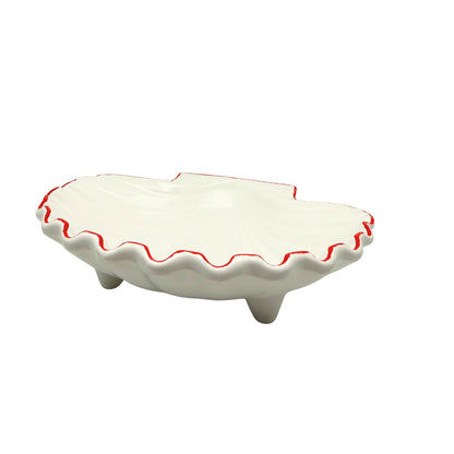 Decoratief keramiek Schelpenschaal wit met koraalrode rand, B25,5xD21xH6cm