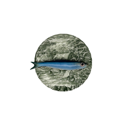 Sardine medio op groen vintage bord, 16 cm rond
