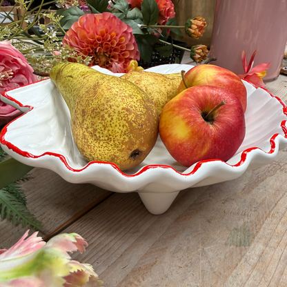 Decoratief keramiek Schelpenschaal wit met koraalrode rand, B25,5xD21xH6cm