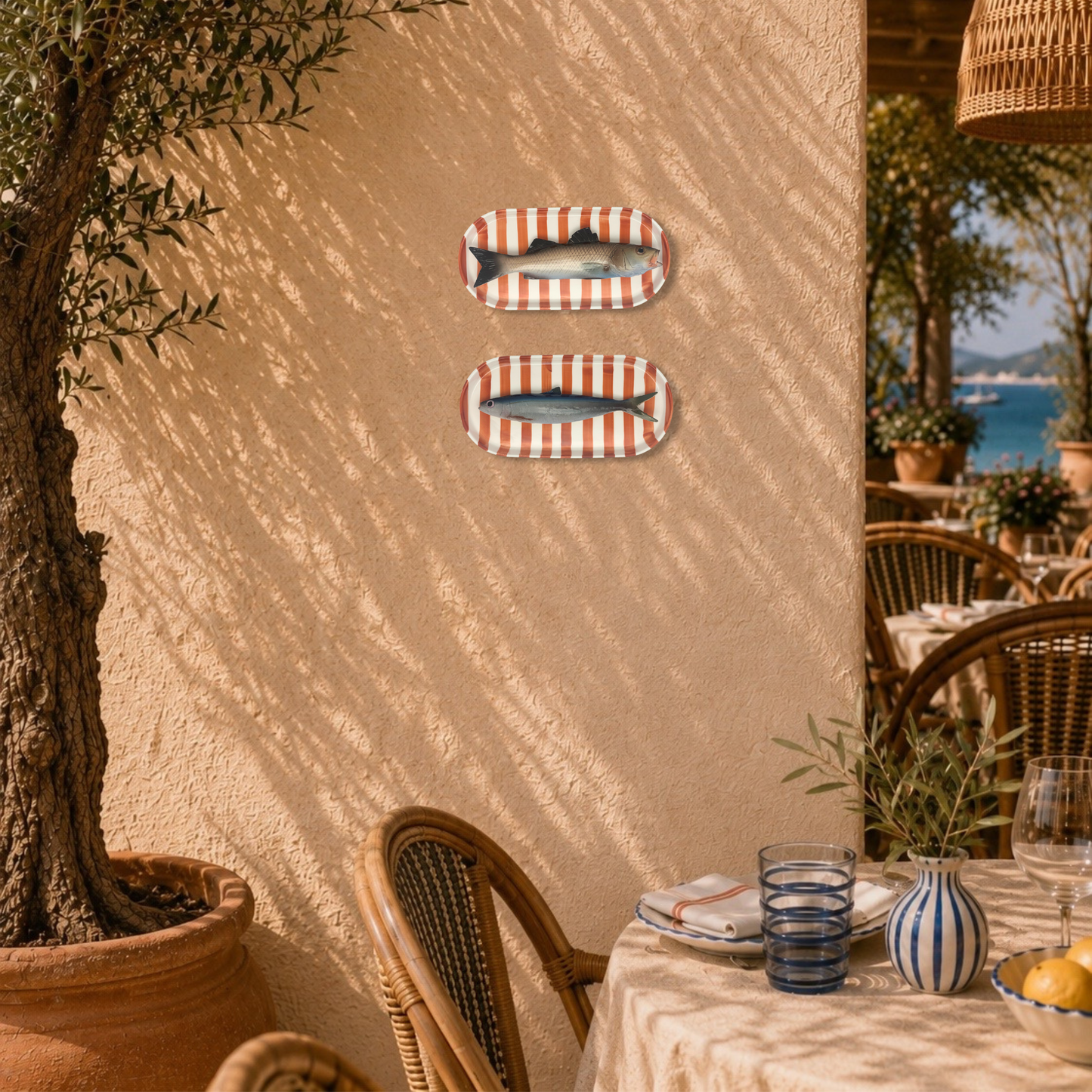 Alaccia/Haring op ovaal terracotta gestreept bord,