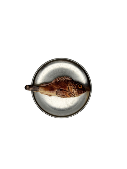 Scorfano Marrone op antiek zilver bord, 13.5 cm rond