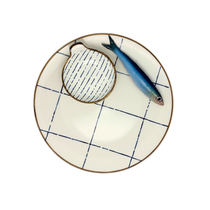 Sardine Borrelbord met dipbakje - blauw-wit ruit 26cm