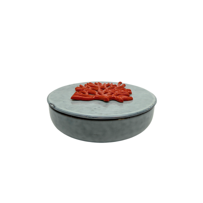 Koraal - Decoratief keramiek handgemaakt grijs/blauw krijtstreep, sierdoos met deksel rond, 18 cm