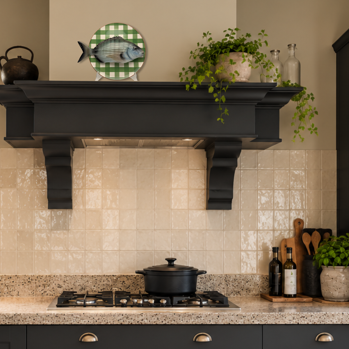 Sarago Grande op groen-wit ruitpatroon met terracotta rand bord, 27 cm