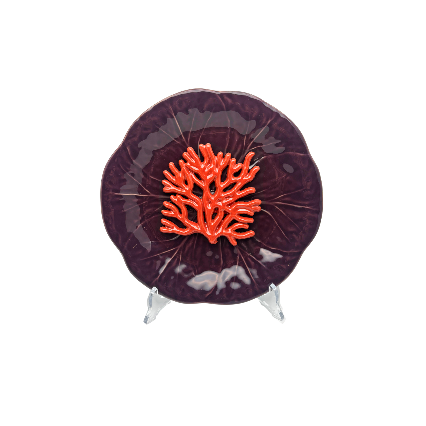 Koraal medio op aubergine bladvormig blad, 20cm