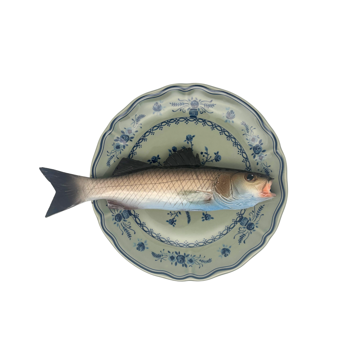 Spigola op olijfgroen bord met blauwe decoratie 21 cm